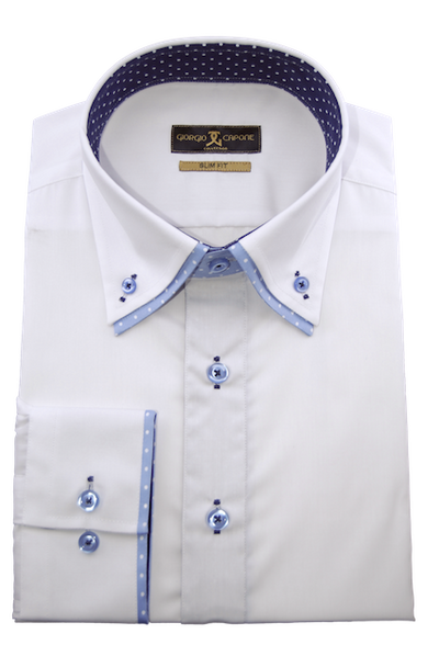 Herrenhemd, Giorgio Capone,  weiß, hellblau-weiß gepunktete Akzente, Doppelkragen, 100% Baumwolle Rückansicht — Giorgio Capone Premium Herrenmode