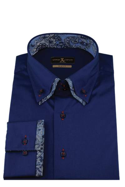 Herrenhemd, Giorgio Capone, dunkelblau, hellblau-schwarz Akzente, Doppelkragen, 100% Baumwolle Rückansicht — Giorgio Capone Premium Herrenmode