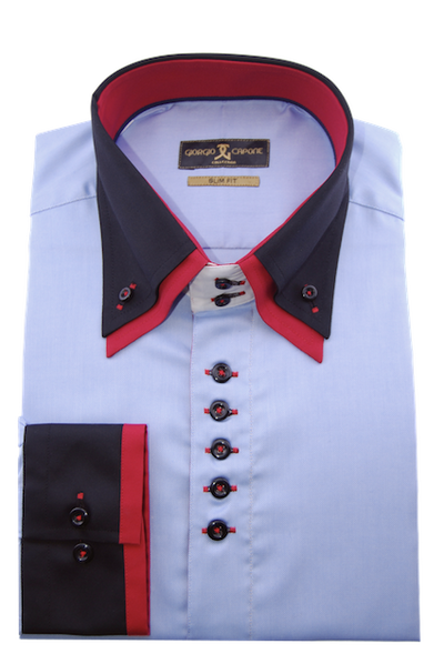 Herrenhemd, Giorgio Capone, hellblau, schwarz-rote Akzente, Doppelkragen, 100% Baumwolle Rückansicht — Giorgio Capone Premium Herrenmode