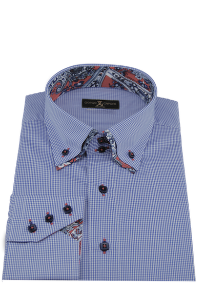 Herrenhemd, Giorgio Capone, hellblau kariert, orange-schwarze Akzente, Doppelkragen, 100% Baumwolle Rückansicht — Giorgio Capone Premium Herrenmode