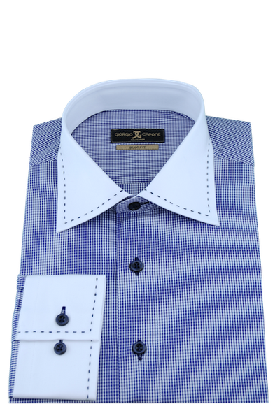 Herrenhemd, Giorgio Capone, blau kariert, weißer Kragen, blaue Naht, 100% Baumwolle Rückansicht — Giorgio Capone Premium Herrenmode