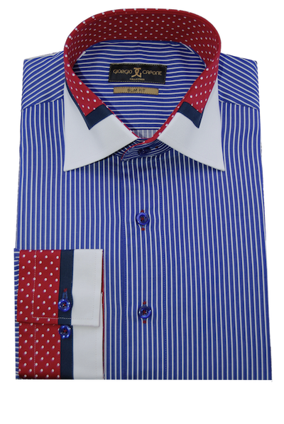 Herrenhemd, Giorgio Capone, blau-weiß gestreift, Akzentkragen dunkelrot, 100% Baumwolle Rückansicht — Giorgio Capone Premium Herrenmode
