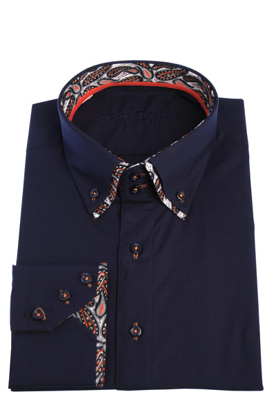 Herrenhemd, Giorgio Capone, dunkelblau, lavarot-schwarz-weiße Akzente, Doppelkragen, 100% Baumwolle Rückansicht — Giorgio Capone Premium Herrenmode