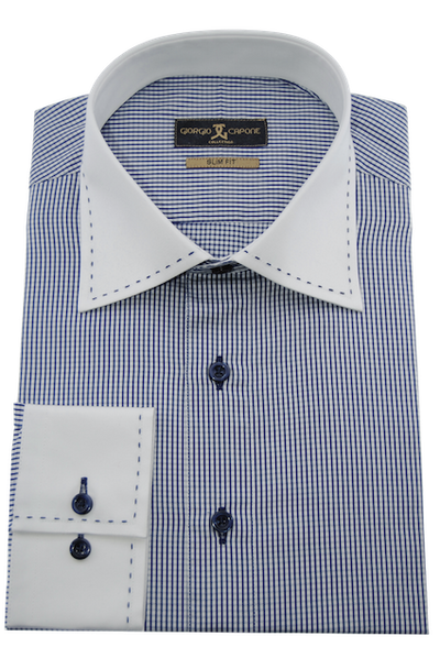 Herrenhemd, Giorgio Capone, dunkelblau kariert, weißer Kragen, dunkelblaue Naht, 100% Baumwolle Rückansicht — Giorgio Capone Premium Herrenmode