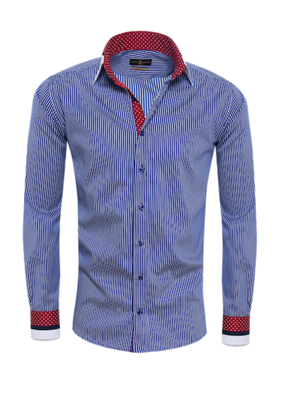 Herrenhemd, Giorgio Capone, blau-weiß gestreift, Akzentkragen dunkelrot, 100% Baumwolle — reduziert | Giorgio Capone Sale