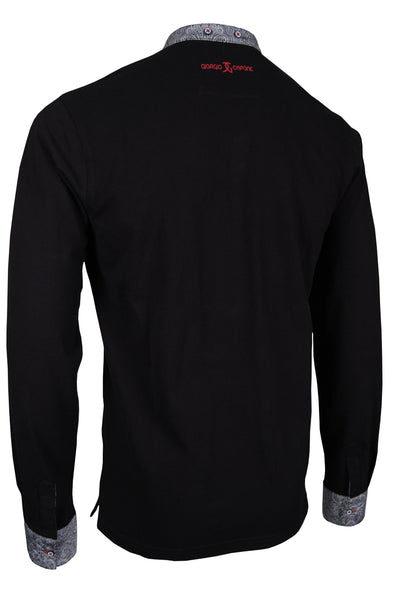 Premium Poloshirt, Giorgio Capone, langarm, schwarz, mit Stehkragen, Piqué, 100% Baumwolle Rückansicht — Giorgio Capone Premium Herrenmode