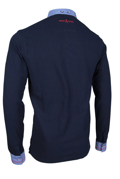 Premium Poloshirt, Giorgio Capone, langarm, blau, Piqué, 100% Baumwolle Rückansicht — Giorgio Capone Premium Herrenmode
