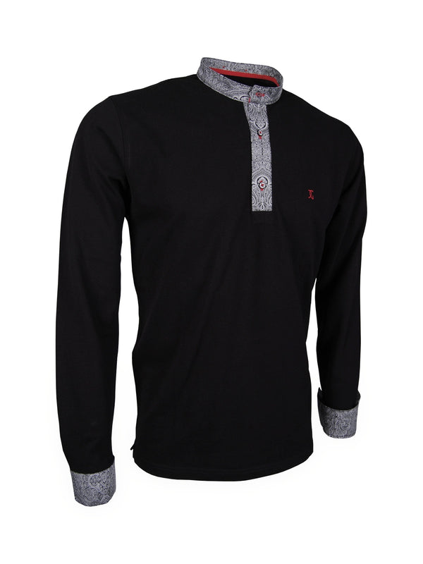 Premium Poloshirt, Giorgio Capone, langarm, schwarz, mit Stehkragen, Piqué, 100% Baumwolle — schwarz | Giorgio Capone Premium Mode