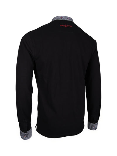 Premium Poloshirt, Giorgio Capone, langarm, schwarz, mit Stehkragen, Piqué, 100% Baumwolle Rückansicht — Giorgio Capone Premium Herrenmode