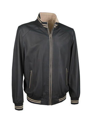 College-Lederjacke, Lamm, dunkelblau-beige