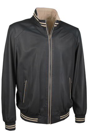 College-Lederjacke, Lamm, dunkelblau-beige