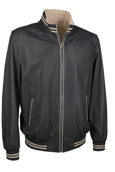 College-Lederjacke, Lamm, dunkelblau-beige