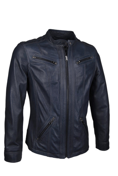 Damen-Lederjacke, feinstes Lamm-Nappa, blau mit hellen Nähten