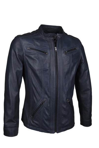 Damen-Lederjacke, feinstes Lamm-Nappa, blau mit hellen Nähten — Ansicht 2