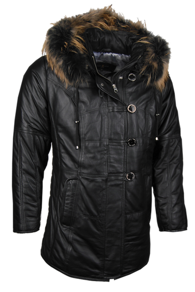 Damen-Lederjacke, gefüttert,feinstes Lamm-Nappa, lang, schwarz mit abnehmbarem Fuchsfell