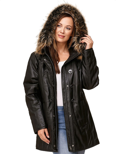 Damen-Lederjacke, gefüttert,feinstes Lamm-Nappa, lang, schwarz mit abnehmbarem Fuchsfell — Ansicht 2