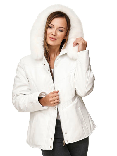 Damen-Lederjacke, gefüttert, feinstes Lamm-Nappa, weiß, mit abnehmbarem Fuchs