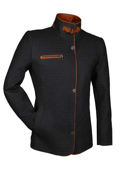 Damen-Lederjacke, Lamm, schwarz/cognac, fein gesteppt