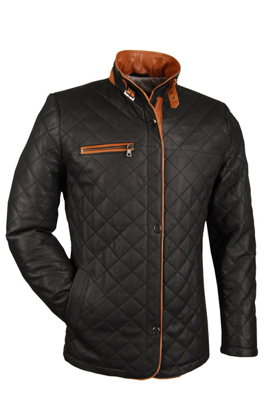 Damen-Lederjacke, Lamm, schwarz/cognac, gesteppt