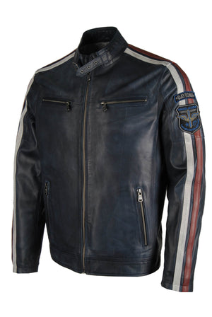 Giorgio Capone Herren-Sommer-Lederjacke, Racing, weiches Lamm Nappa, dunkelblau