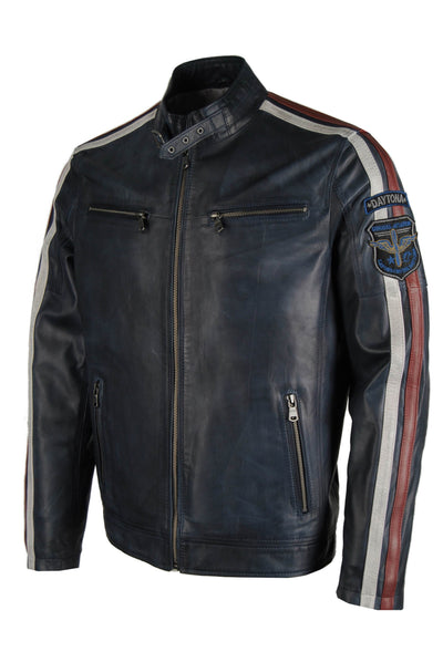 Giorgio Capone Herren-Sommer-Lederjacke, Racing, weiches Lamm Nappa, dunkelblau