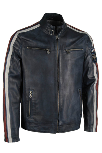 Giorgio Capone Herren-Sommer-Lederjacke, Racing, weiches Lamm Nappa, dunkelblau — Ansicht 2