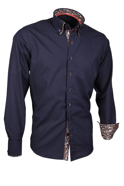 Herrenhemd, Giorgio Capone, dunkelblau mit orange-blau-weißem Paisley-Stoff als Kontrast