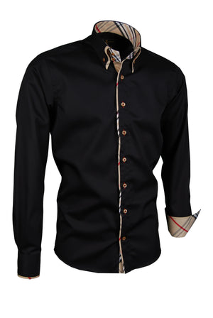 Herrenhemd, Giorgio Capone, schwarz, mit gestreiften Design-Elementen, Doppelkragen, bügelfrei