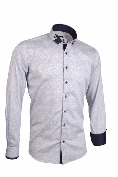 Premium Herrenhemd, weiß mit floralem Muster in blau, Stehkragen, 100% Baumwolle