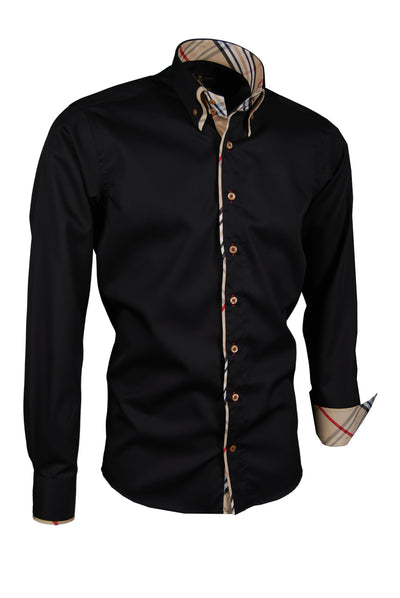 Herrenhemd, Giorgio Capone, schwarz, mit gestreiften Design-Elementen, Doppelkragen, bügelfrei