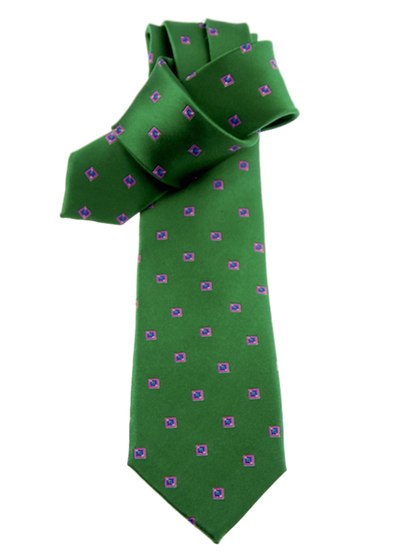 Krawatte, grün mit blau-violetten Tupfen, 100% Seide