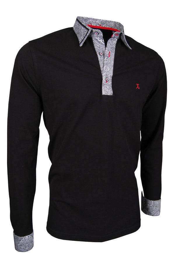 Premium Poloshirt, Giorgio Capone, langarm, schwarz, Piqué, 100% Baumwolle