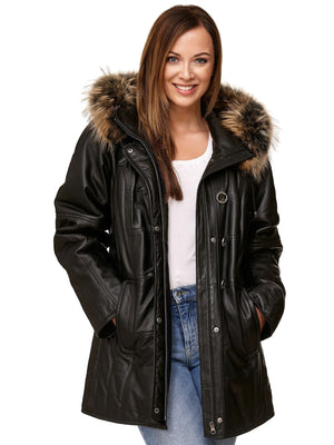 Damen-Lederjacke, gefüttert,feinstes Lamm-Nappa, lang, schwarz mit abnehmbarem Fuchsfell