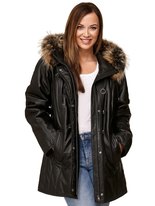 Damen-Lederjacke, gefüttert,feinstes Lamm-Nappa, lang, schwarz mit abnehmbarem Fuchsfell