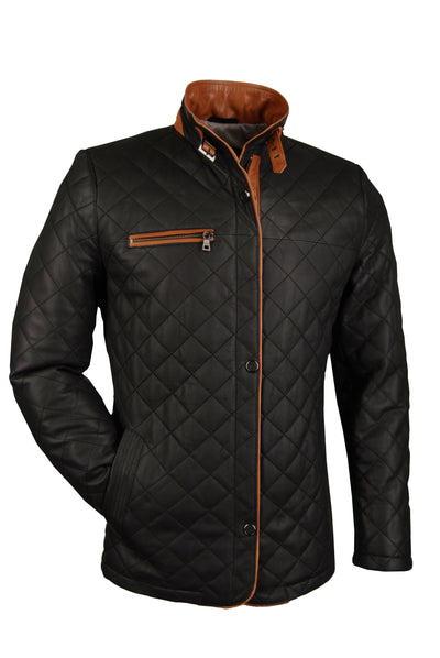Damen-Lederjacke, Lamm, schwarz/cognac, gesteppt