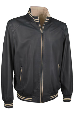 College-Lederjacke, Lamm, dunkelblau-beige