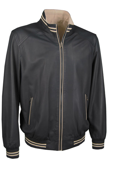 College-Lederjacke, Lamm, dunkelblau-beige