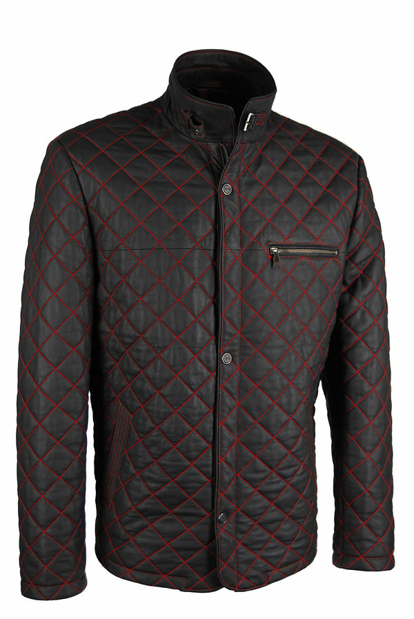 Lederjacke, Lamm Nappa, Übergangsjacke, schwarz mit roten Nähten