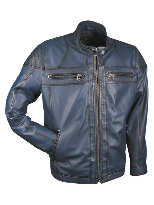 Lederjacke, Lamm, Blau, mit geschwärzten Kanten, Größe L (52) — Blau | Giorgio Capone Premium Lederjacke