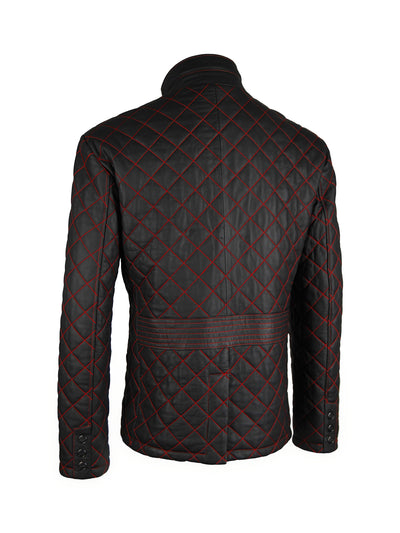 Lederjacke, Lamm Nappa, Übergangsjacke, schwarz mit roten Nähten Rückansicht — Giorgio Capone Premium Herrenmode